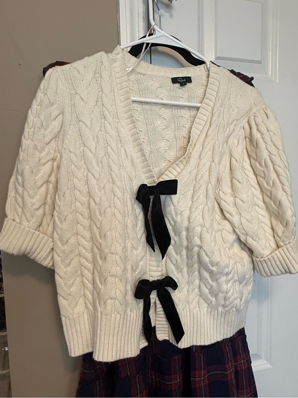 Rails Cream Cable-Knit V-Neck Sweater with Black Bow Ties